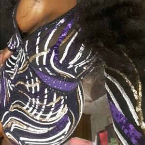 Long v neck sequins dress colors -purple, black , white , and gold.